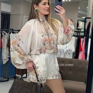 Italian Sunrise Floral Sheer Blouse and Shorts Set - Cream Floral